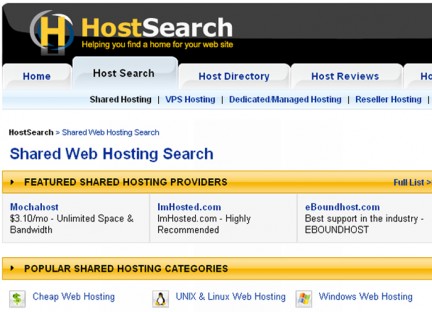 HostingSearch.com webpage